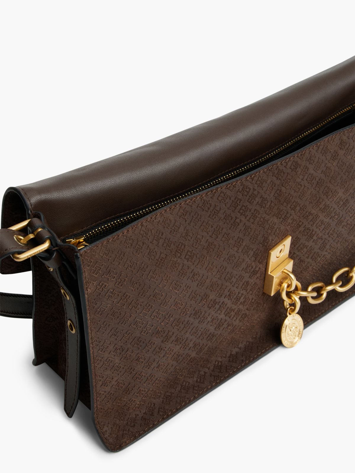 Suede TH Monogram Chain Shoulder Bag — Brown