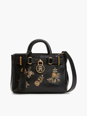 black the american icon leather sequin tote bag for women tommy hilfiger