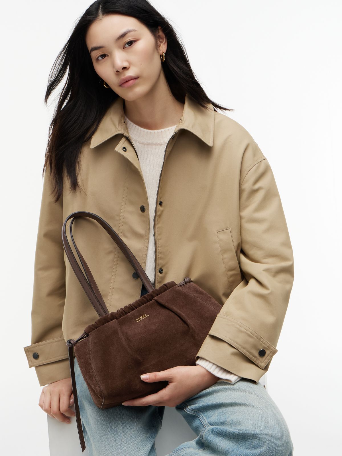 Soft Suede Drawstring Shoulder Bag — Brown