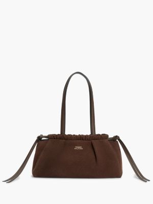brown torebka na ramię z miękkiego zamszu z troczkami dla kobiety - tommy hilfiger