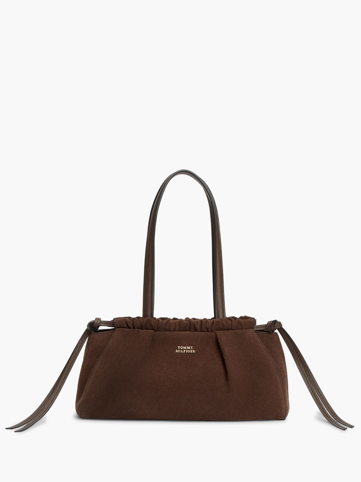Soft Suede Drawstring Shoulder Bag — Brown