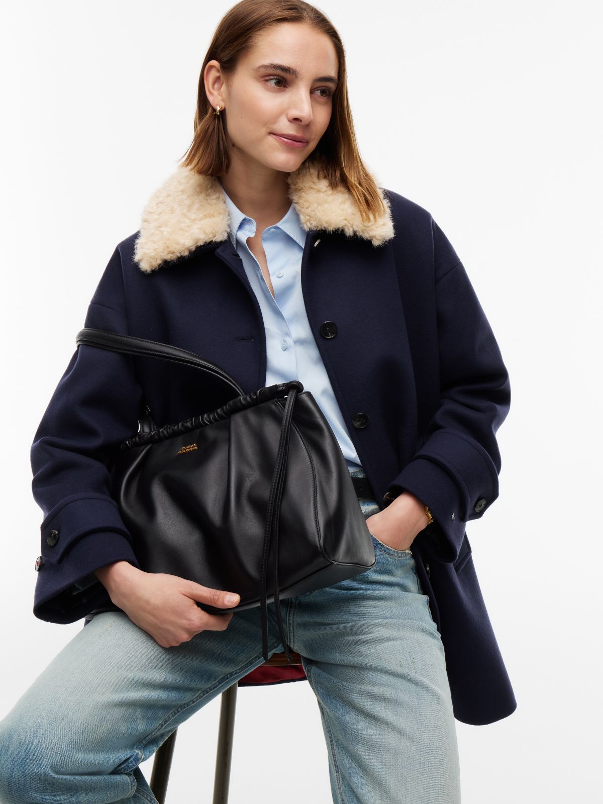 Soft Leather Drawstring Hobo Bag — Black