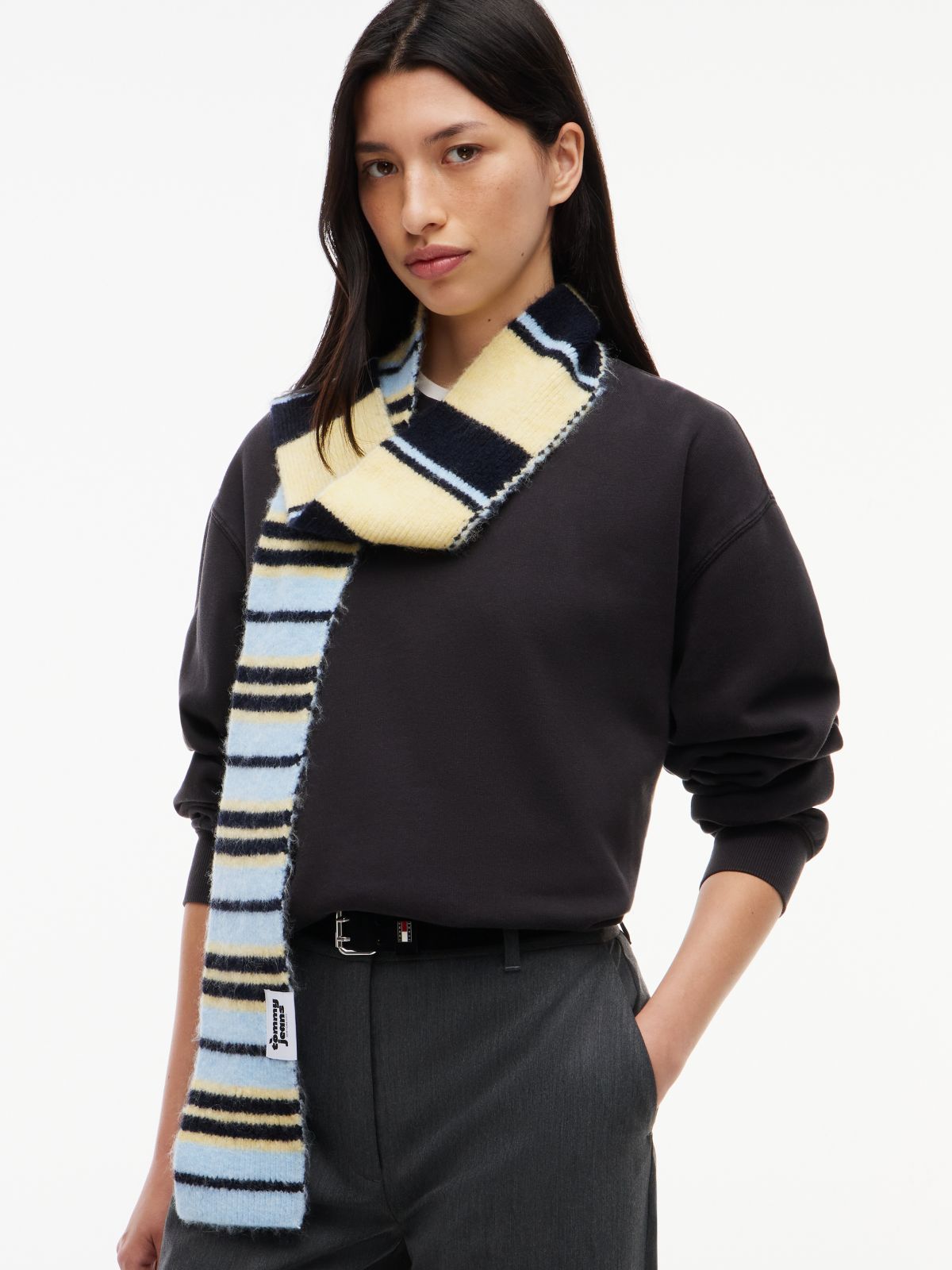Stripe Skinny Scarf With Alpaca — Yellow