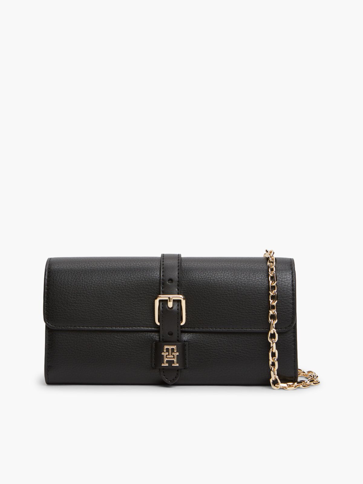 Buckle Flap Chain Strap Wallet — Black