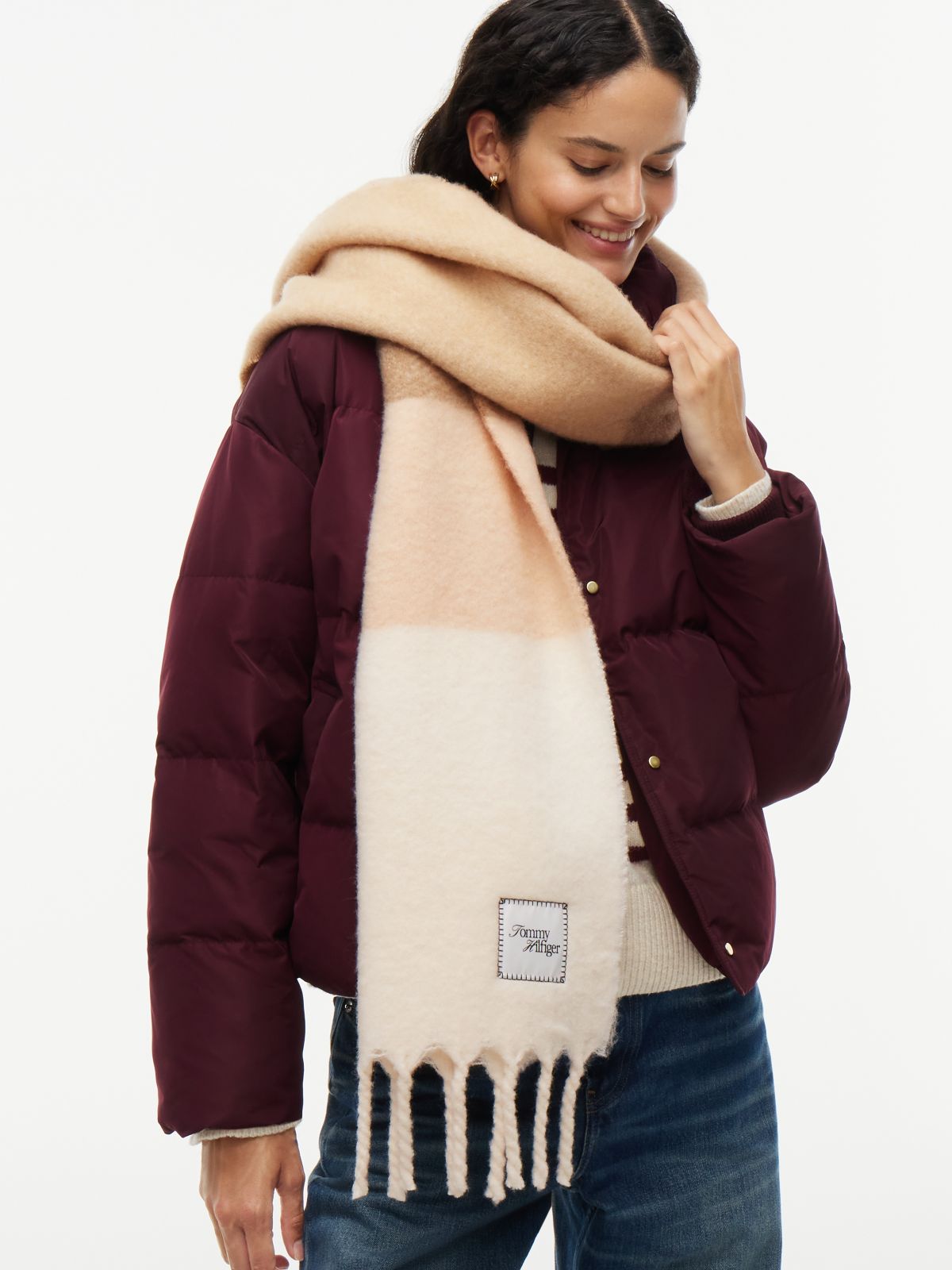 Wool Blend Flag Embroidery Scarf — Beige