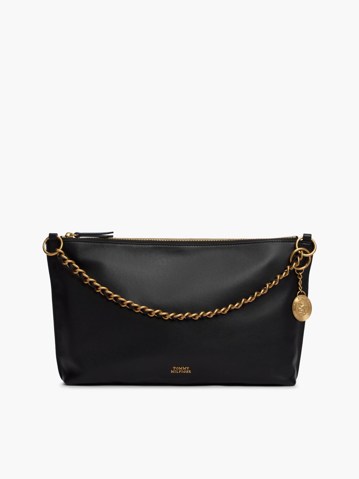 Leather Chain Strap Shoulder Bag — Black