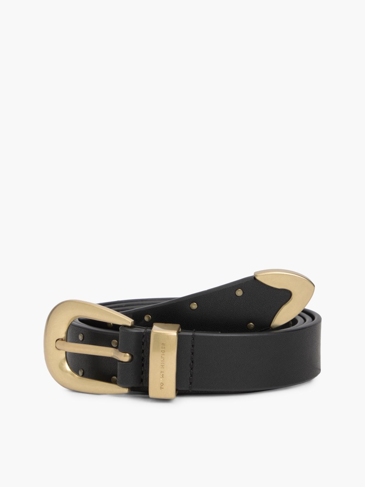 Leather Western Rounded Buckle Studded Belt — Black