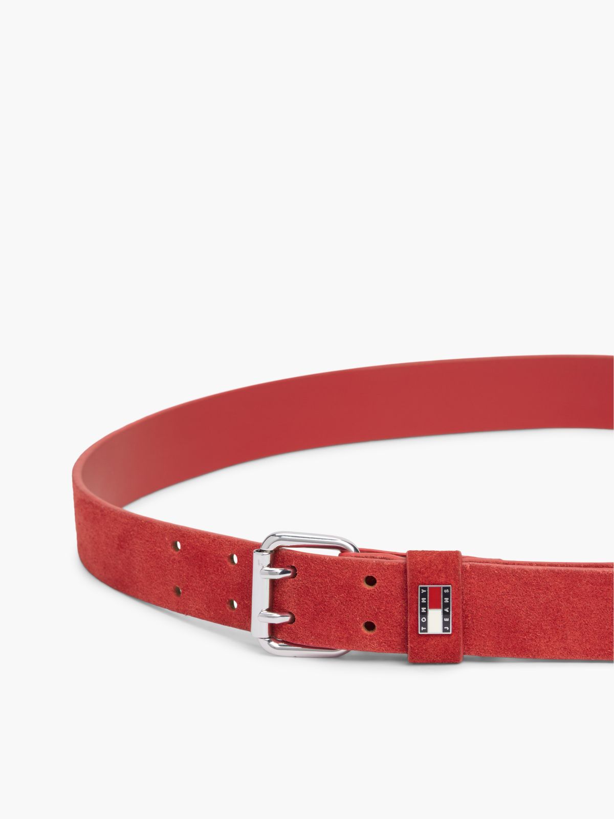Suede Logo Square Buckle Belt — Red