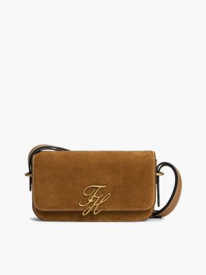 brown logo flap suede crossbody bag for women tommy hilfiger