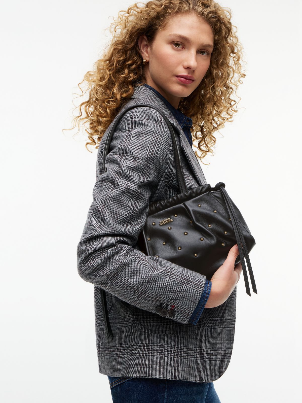 Soft Leather Studded Charm Shoulder Bag — Black