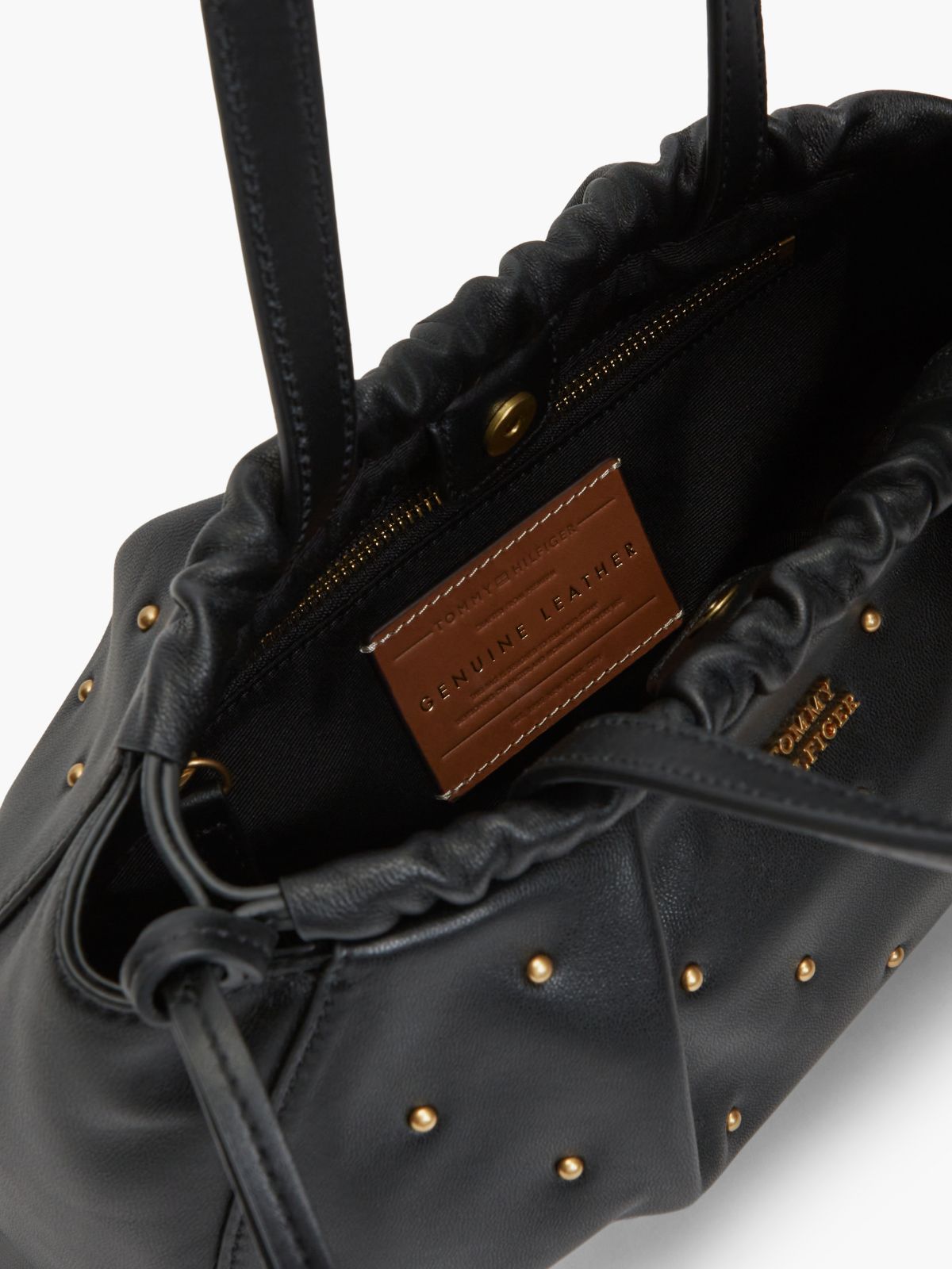 Soft Leather Studded Charm Shoulder Bag — Black