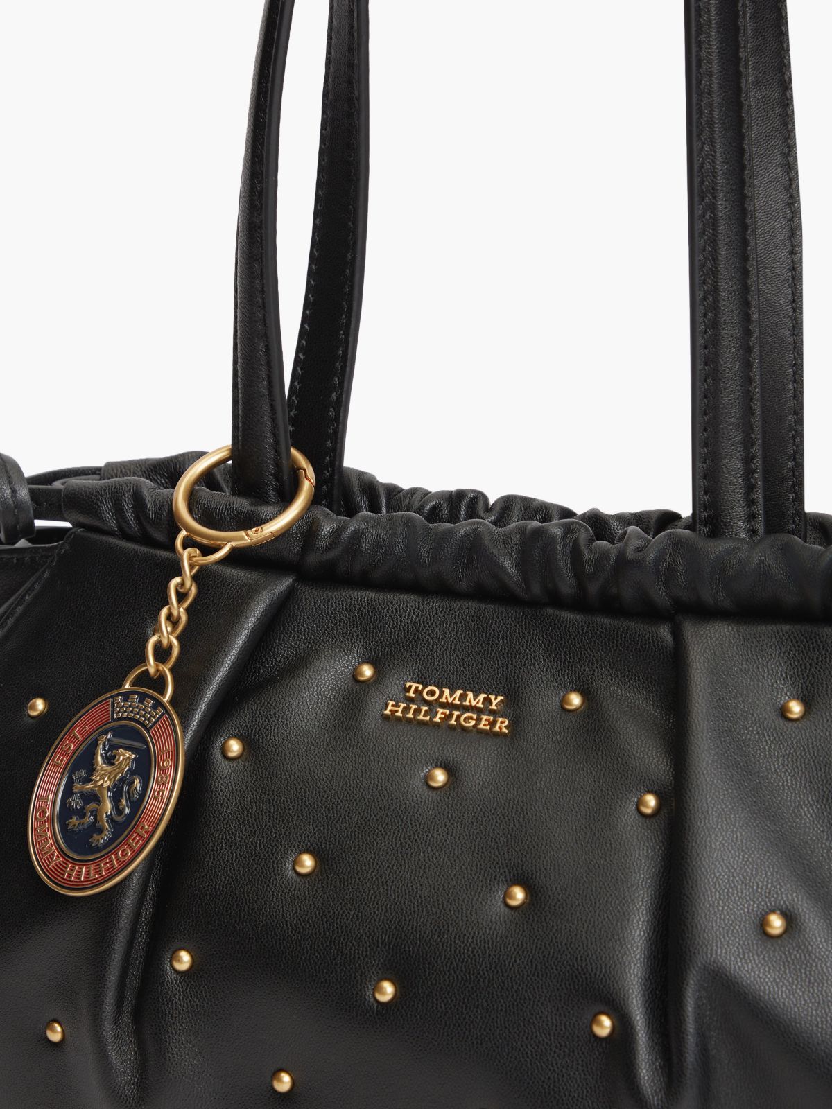Soft Leather Studded Charm Shoulder Bag — Black