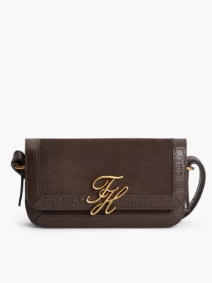 brown suede metal logo crossbody bag for women tommy hilfiger