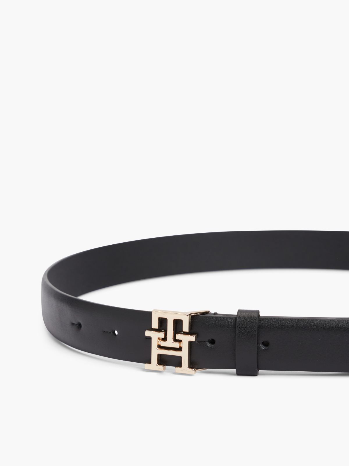 Leather TH Monogram Plaque Buckle Belt — Black