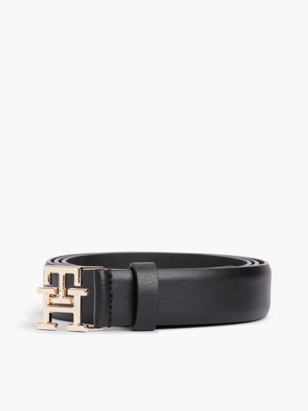Leather TH Monogram Plaque Buckle Belt — Black
