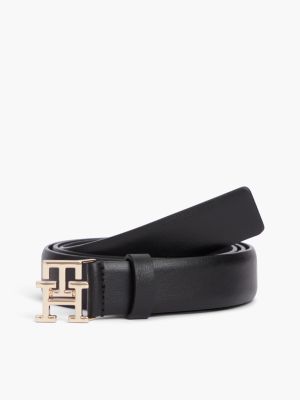 black leather th monogram plaque buckle belt for women tommy hilfiger
