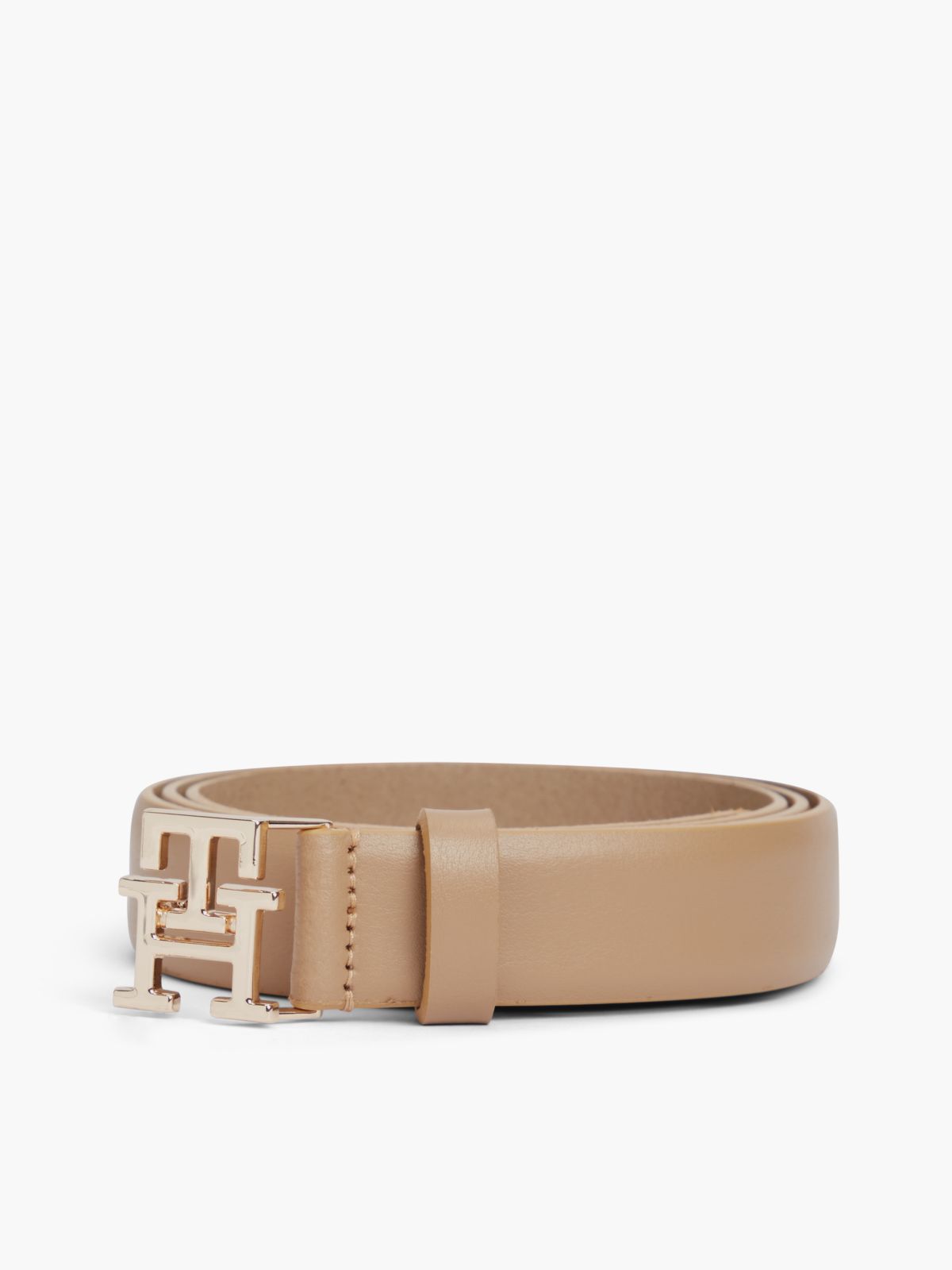 Leather TH Monogram Plaque Buckle Belt — Khaki