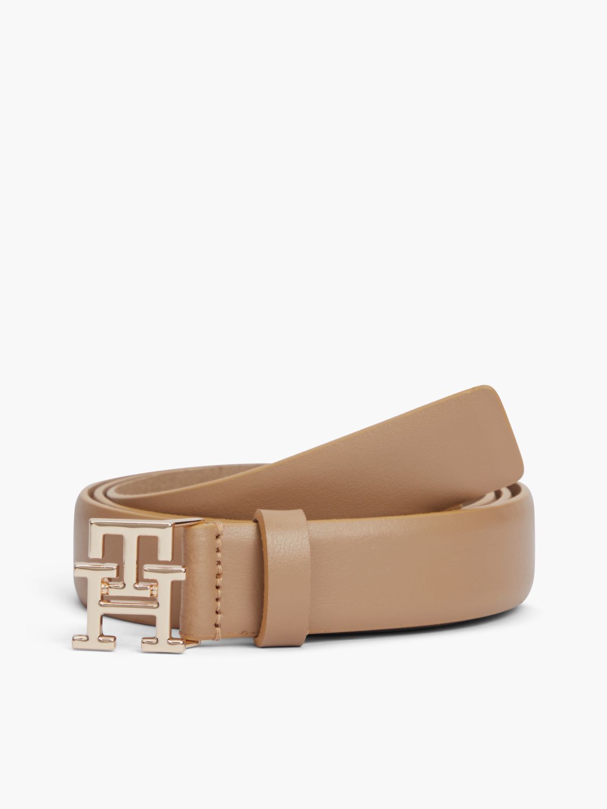 Leather TH Monogram Plaque Buckle Belt — Khaki