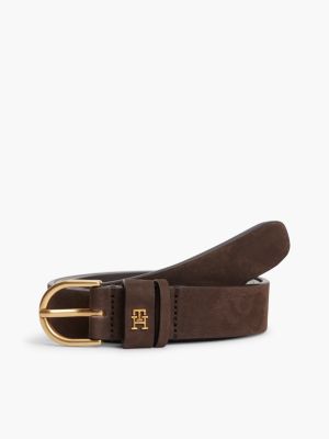 brown leather rounded brass buckle belt for women tommy hilfiger