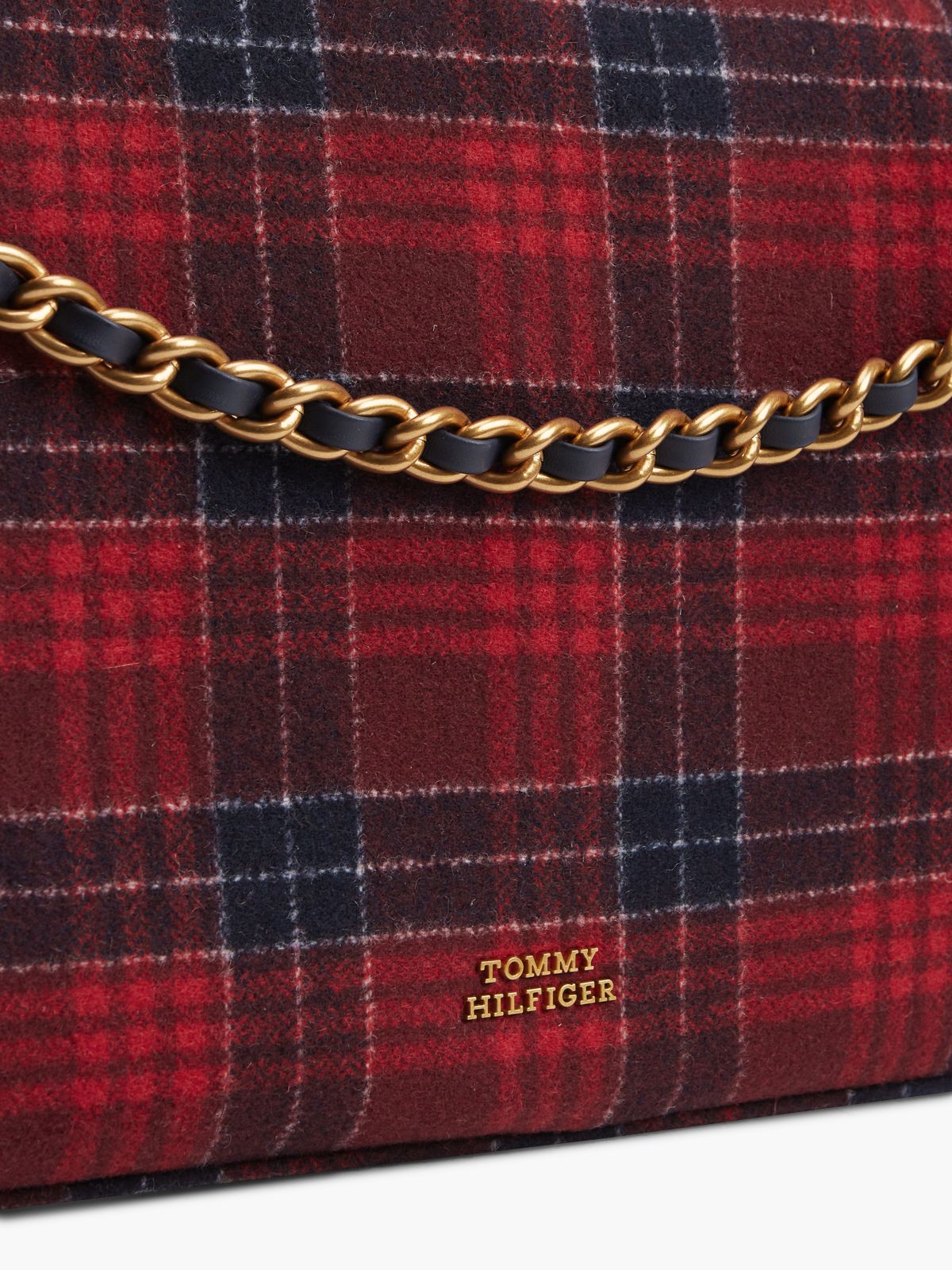 Wool Blend Check Chain Shoulder Bag — Blue