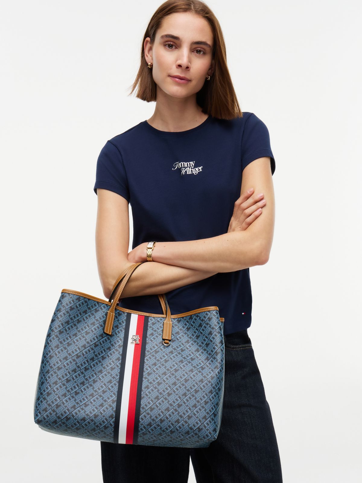 TH Monoplay Global Stripe Crossbody Satchel — Blue