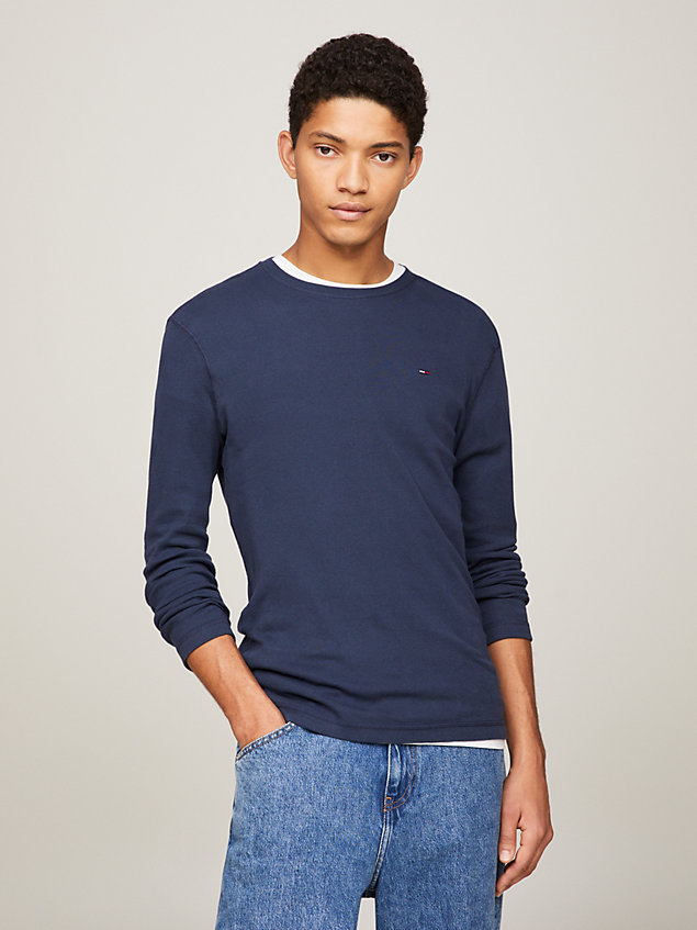 blue long sleeved ribbed organic cotton t-shirt for men tommy jeans