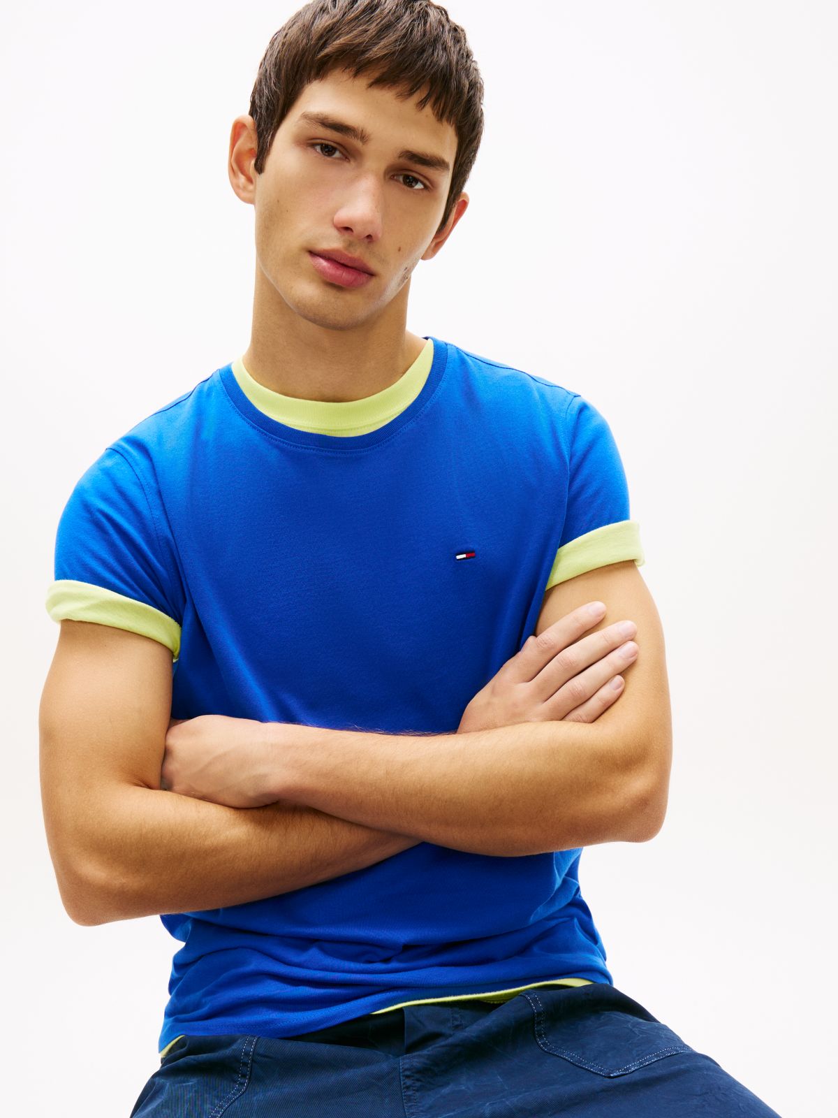 Flag Embroidery Extra Slim Jersey T-Shirt — Blue