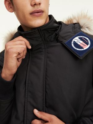 tommy jeans technical quilted parka faux fur trim hood in black