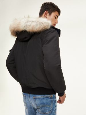 tommy jeans technical quilted parka faux fur trim hood in black