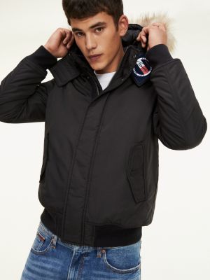 tommy jeans technical quilted parka faux fur trim hood in black