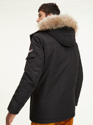 tommy jeans technical quilted parka faux fur trim hood in black