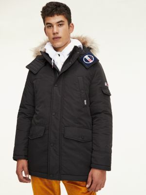 tommy jeans technical quilted parka faux fur trim hood in black