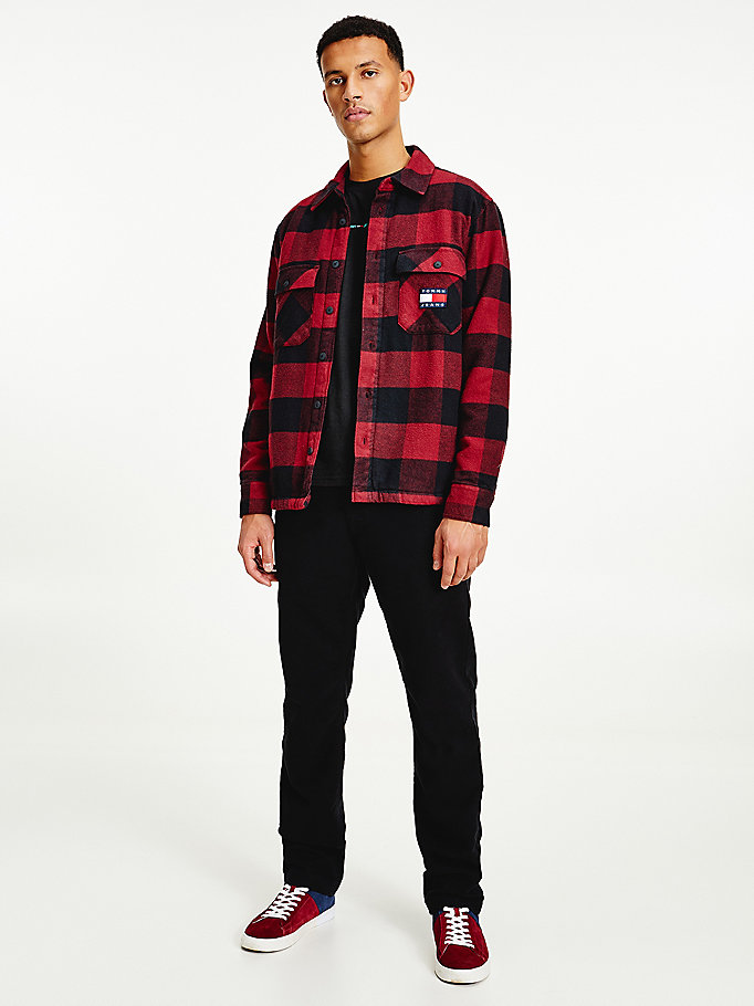 red sherpa flannel oversized overshirt for men tommy jeans