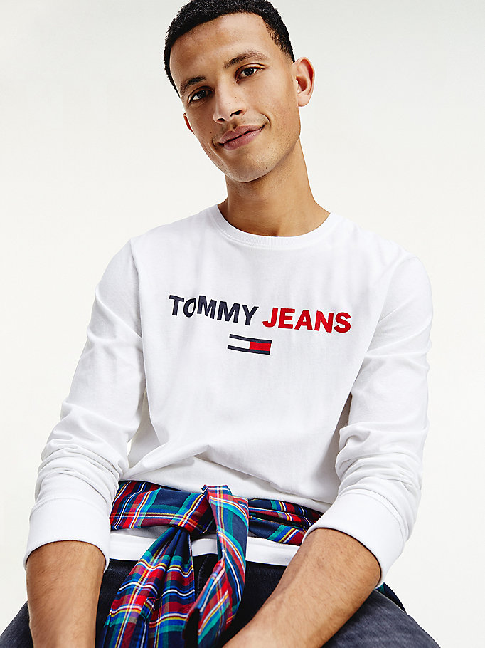 weiß langarmshirt mit tommy jeans-logo für herren - tommy jeans
