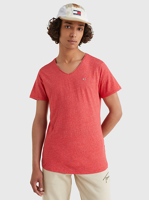 red slim fit t-shirt met v-hals voor heren - tommy jeans
