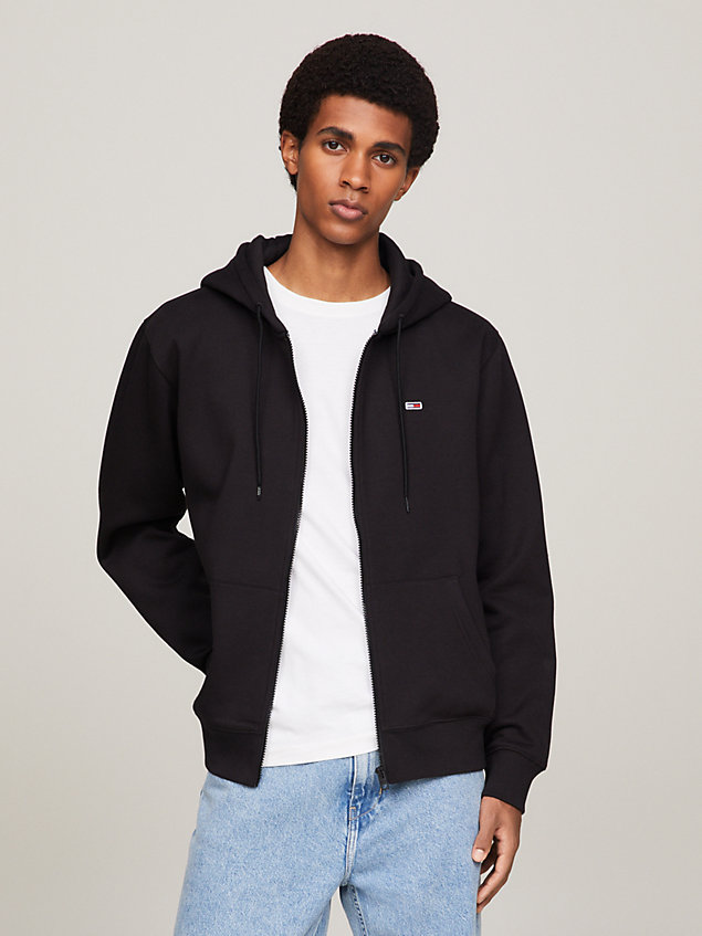 black fleece hoodie met rits voor heren - tommy jeans