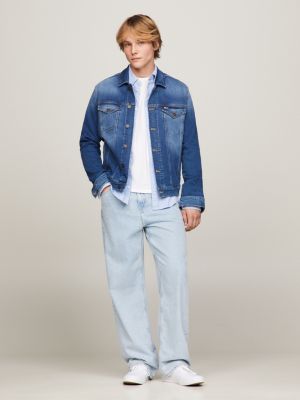 Tommy Jeans flag print oversized denim trucker jacket in mid wash