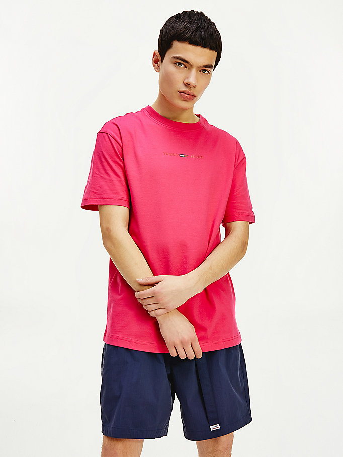 t-shirt in jersey con logo rosa da uomo tommy jeans
