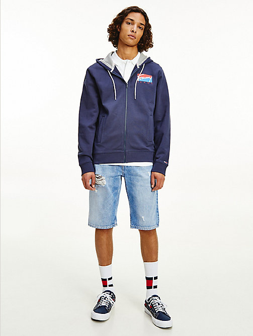 blauw essential hoodie met rits en logo op de rug voor heren - tommy jeans