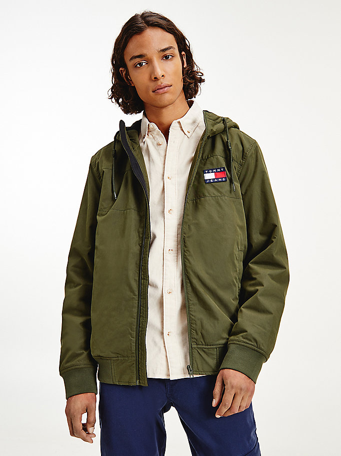 green tommy badge fleece-lined shell jacket for men tommy jeans