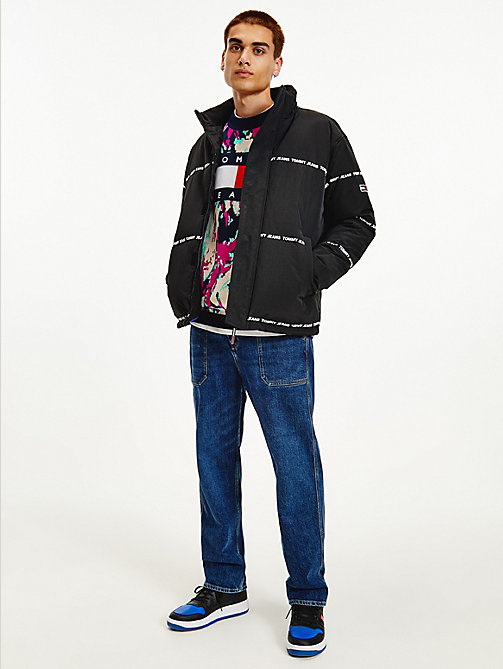 black logo stripe puffer jacket for men tommy jeans