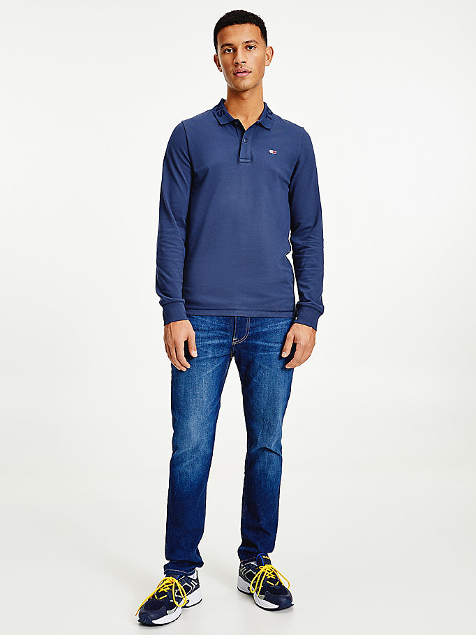 blue tonal long sleeve slim fit polo for men tommy jeans