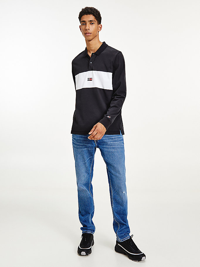 black colour-blocked long sleeve regular fit polo for men tommy jeans