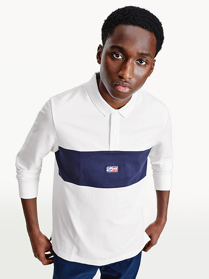 white colour-blocked long sleeve regular fit polo for men tommy jeans