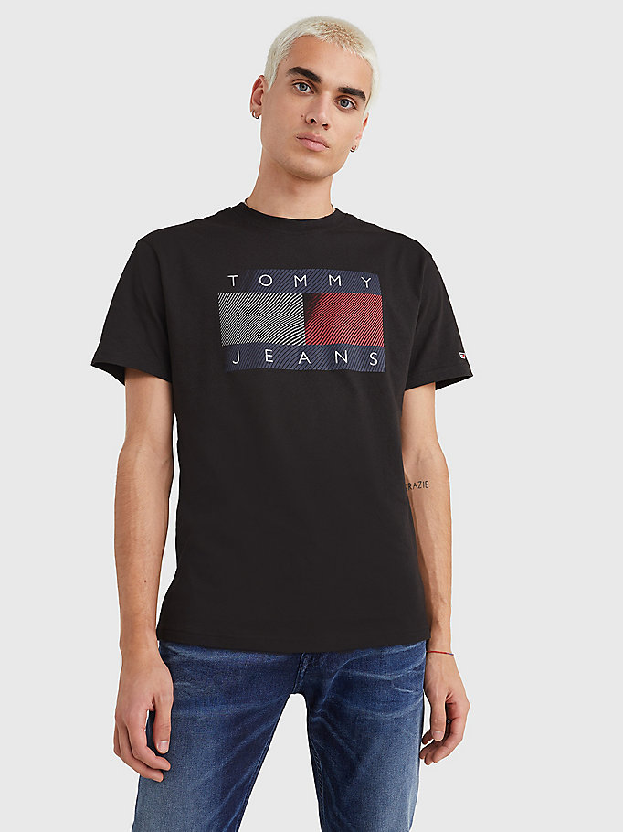schwarz t-shirt mit reflektierender wellen-flag für herren - tommy jeans