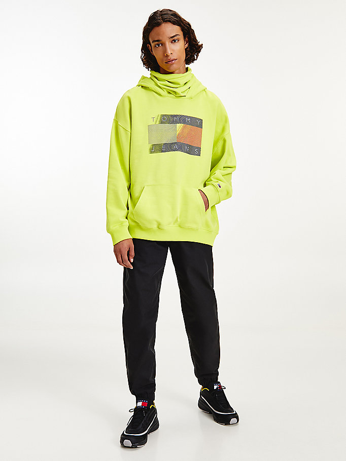 green reflective logo funnel neck hoody for men tommy jeans