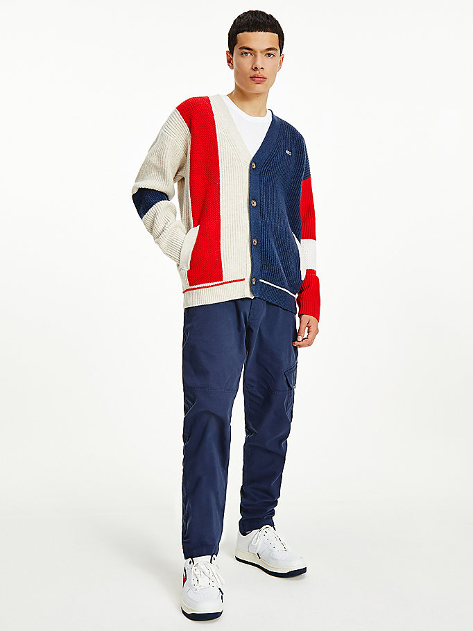blue colour-blocked rib-knit cardigan for men tommy jeans
