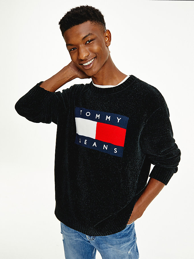black intarsia flag relaxed fit jumper for men tommy jeans