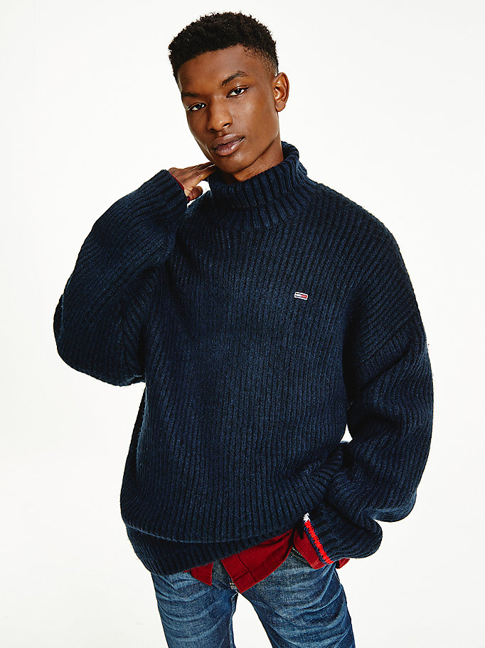 blue two-tone rib-knit jumper for men tommy jeans