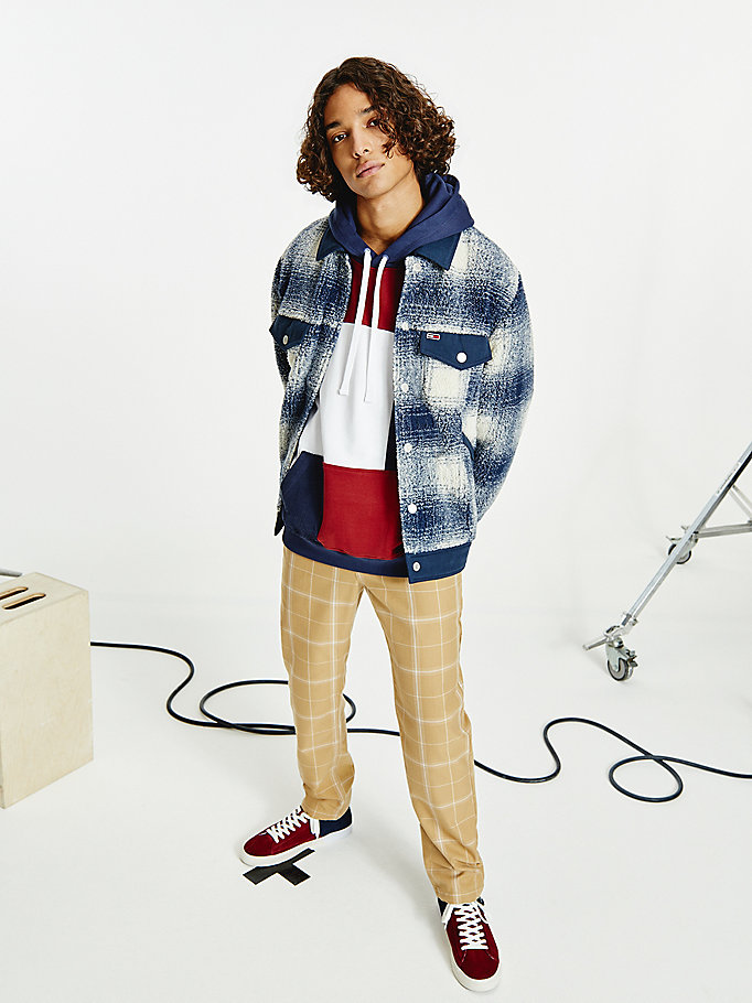 white sherpa check trucker jacket for men tommy jeans